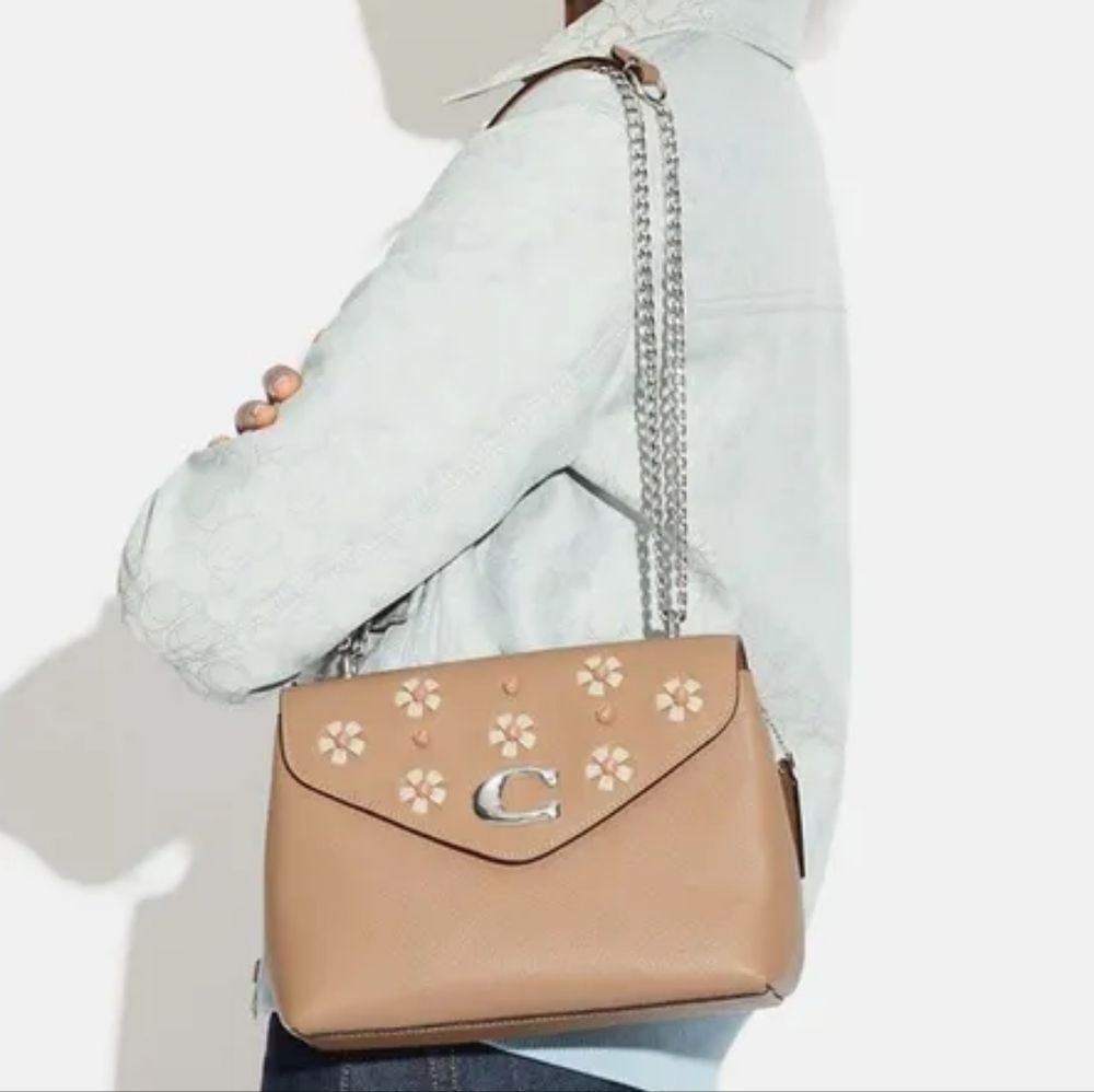 COACH Tammie Shoulder Bag with Floral Whipstitch in Taupe/Silver - Picture 2 of 12